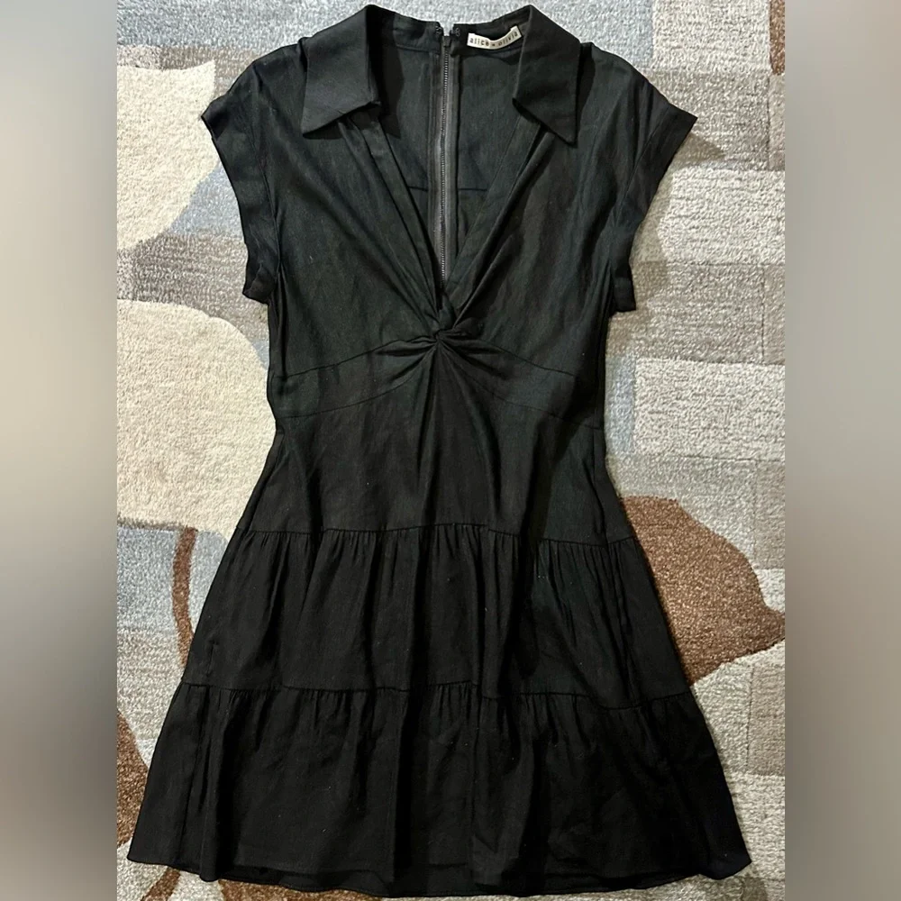 Alice + Olivia Sleeveless Mila Linen Twist Front Black Mini Dress ZB5